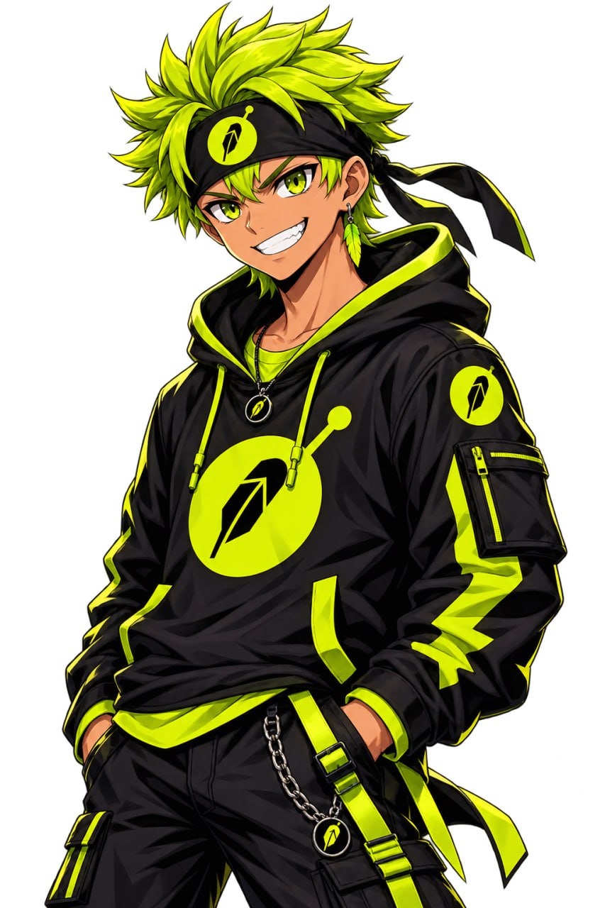 The BOMB mascot: a grinning character in a black hoodie with neon green trim and the BOMB logo